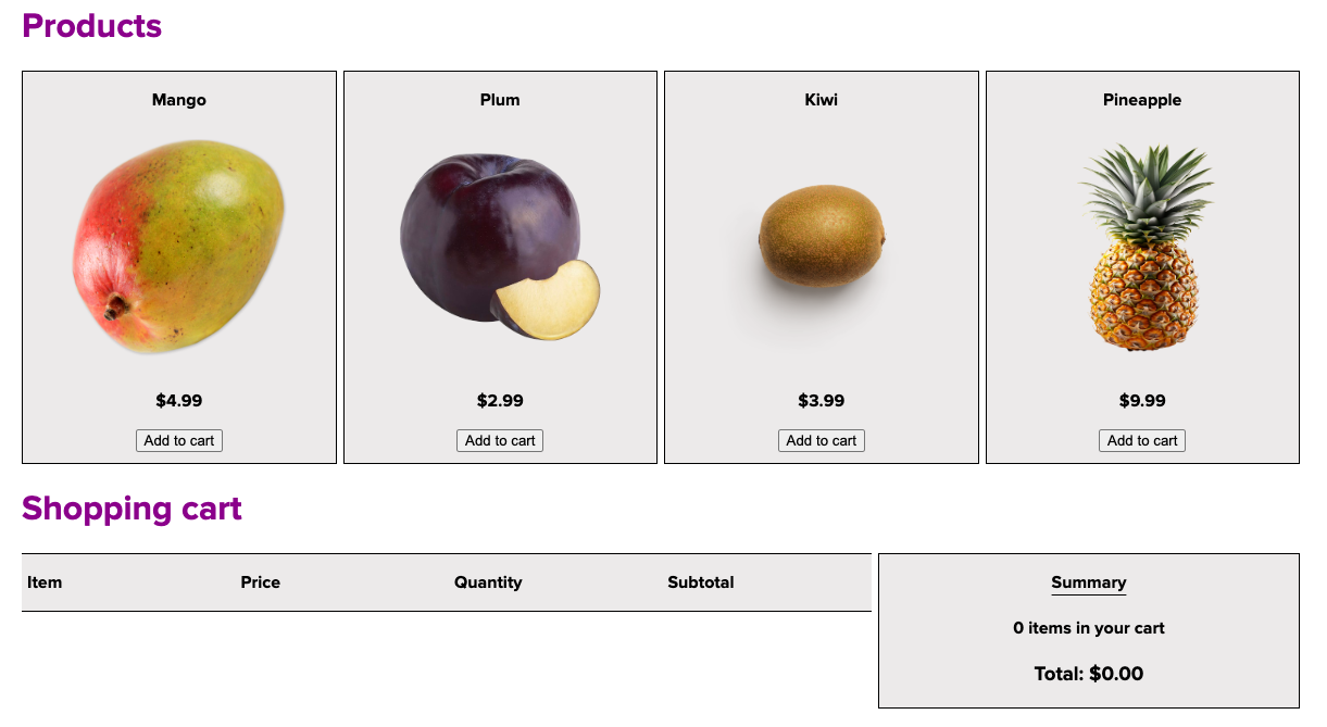 Screenshot of an online shopping cart for fruit.