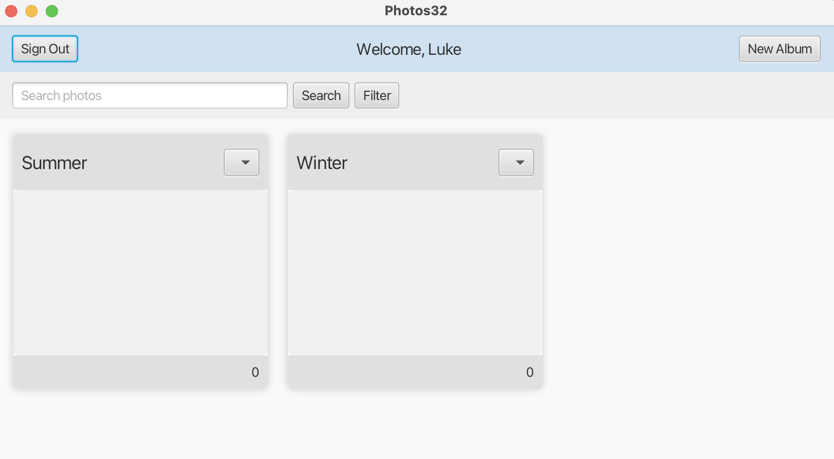 Screenshot of the Photos32 app user home screen